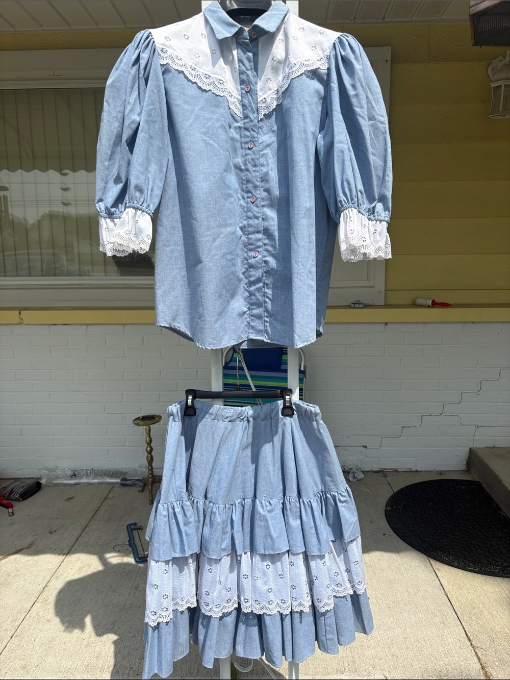 Light Blue Lace-Trim Cotton Shirt Dress Set